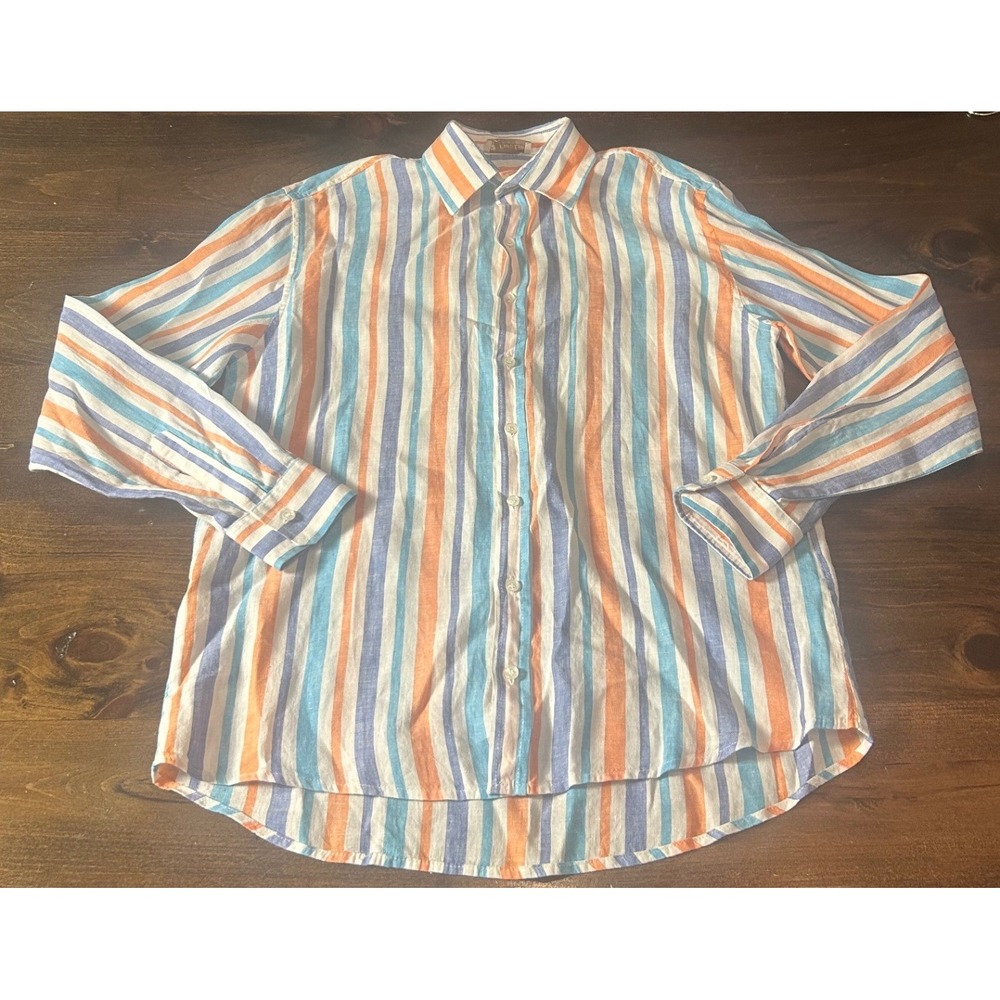 Vintage Puro Lino Linen Shirt Striped Long Sleeve Italy Mediterranean Breathable